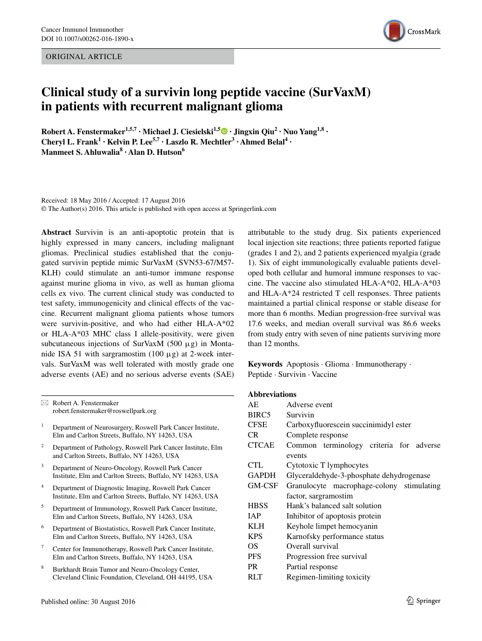 Clinical Study Of A Survivin Long Peptide Vaccine Survaxm In Patients With Recurrent Malignant Glioma Topic Of Research Paper In Clinical Medicine Download Scholarly Article Pdf And Read For Free On