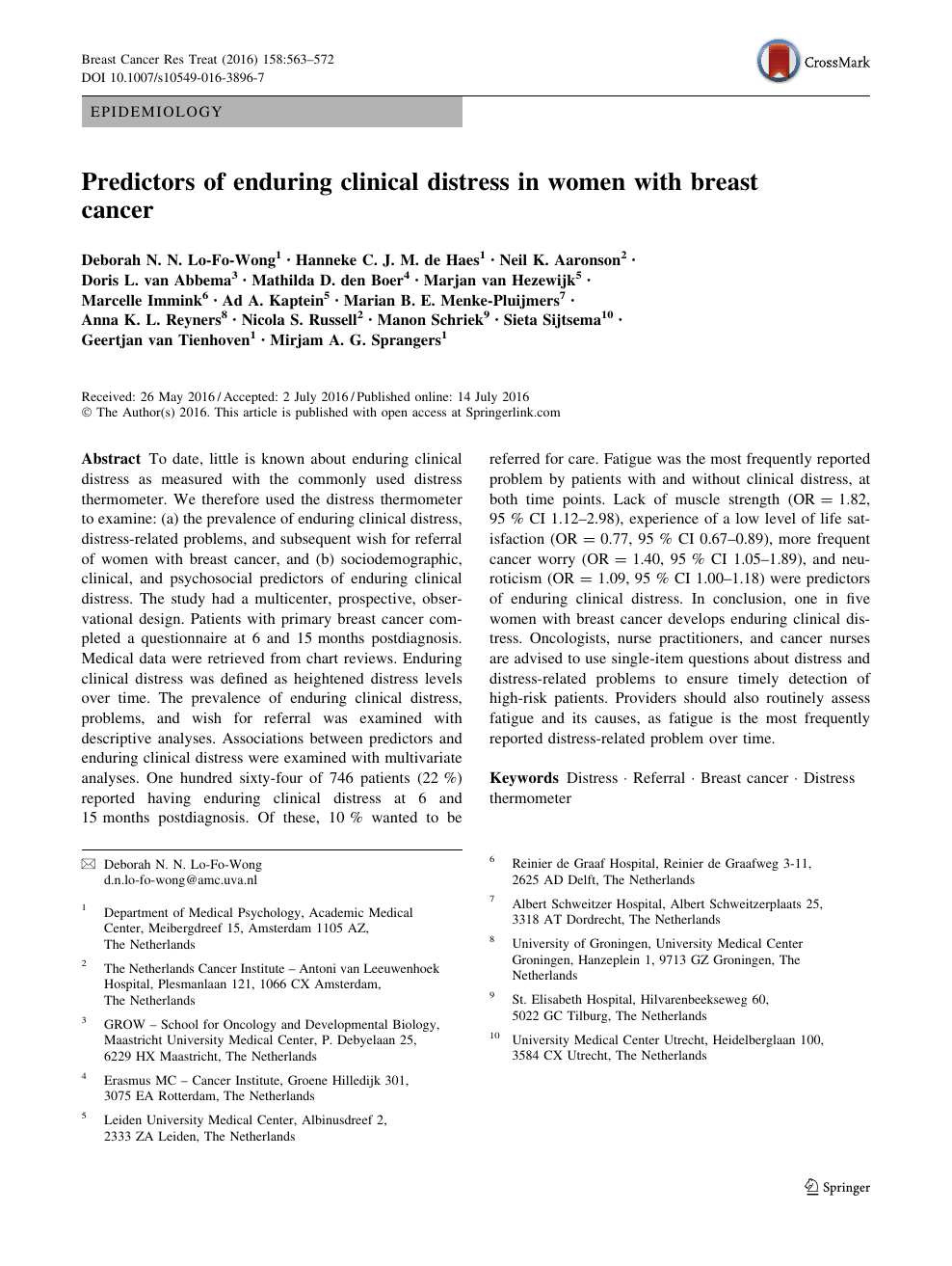 Predictors Of Enduring Clinical Distress In Women With Breast Cancer Topic Of Research Paper In Health Sciences Download Scholarly Article Pdf And Read For Free On Cyberleninka Open Science Hub