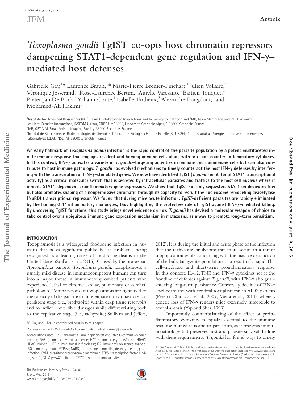 Toxoplasma Gondii Tgist Co Opts Host Chromatin Repressors Dampening Stat1 Dependent Gene Regulation And Ifn G Mediated Host Defenses Topic Of Research Paper In Biological Sciences Download Scholarly Article Pdf And Read For Free On