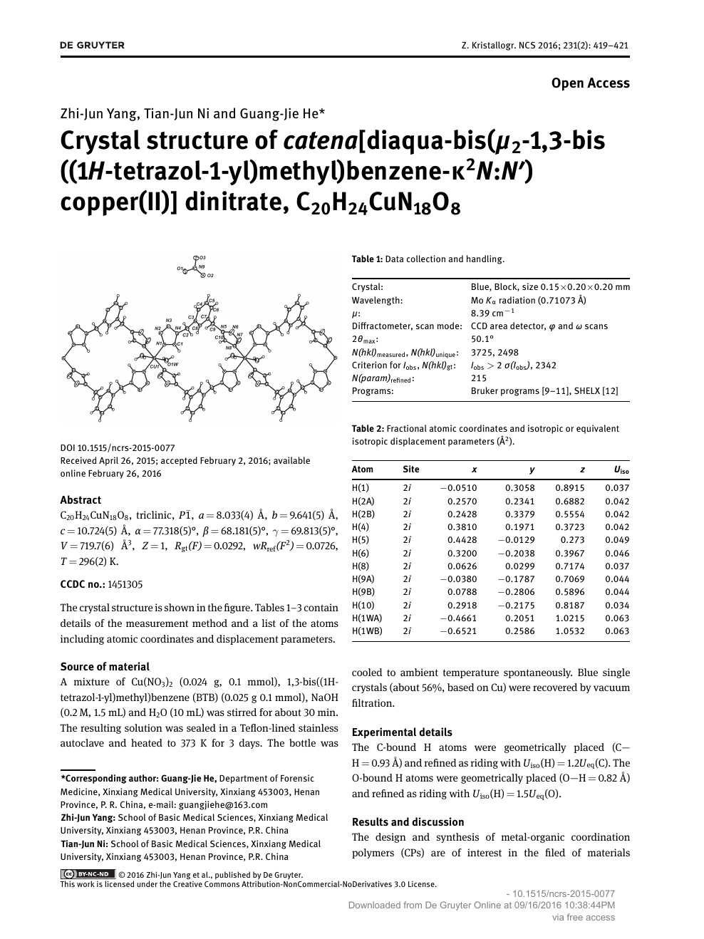 Crystal Structure Of Catena Diaqua Bis M2 1 3 Bis 1h Tetrazol 1 Yl Methyl Benzene K2n N Copper Ii Dinitrate Ch24cun18o8 Topic Of Research Paper In Chemical Sciences Download Scholarly Article Pdf And Read For Free On Cyberleninka Open Science