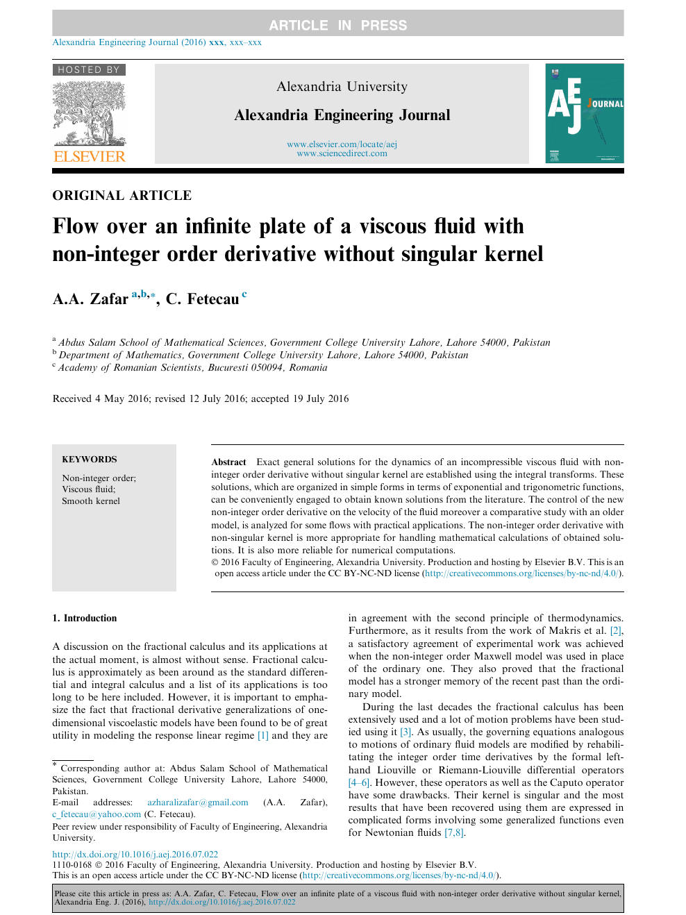 Flow Over An Infinite Plate Of A Viscous Fluid With Non Integer Order Derivative Without Singular Kernel Topic Of Research Paper In Mathematics Download Scholarly Article Pdf And Read For Free On