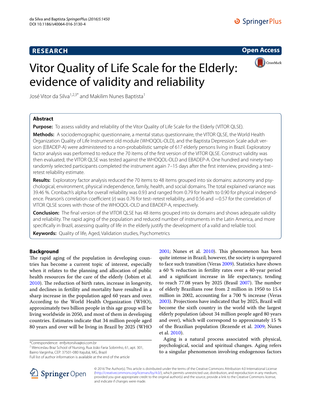 Vitor Quality of Life Scale for the Elderly evidence of validity and reliability