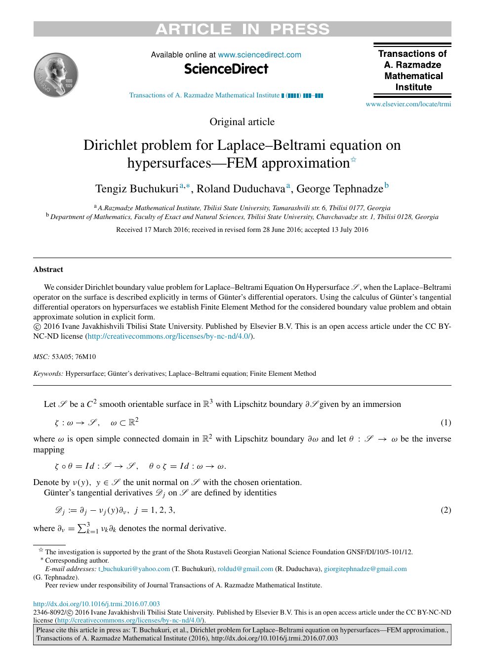 Dirichlet Problem For Laplace Beltrami Equation On Hypersurfaces Fem Approximation Topic Of Research Paper In Mathematics Download Scholarly Article Pdf And Read For Free On Cyberleninka Open Science Hub