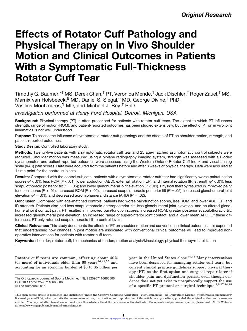 Effects Of Rotator Cuff Pathology And Physical Therapy On In Vivo Shoulder Motion And Clinical Outcomes In Patients With A Symptomatic Full Thickness Rotator Cuff Tear Topic Of Research Paper In Clinical