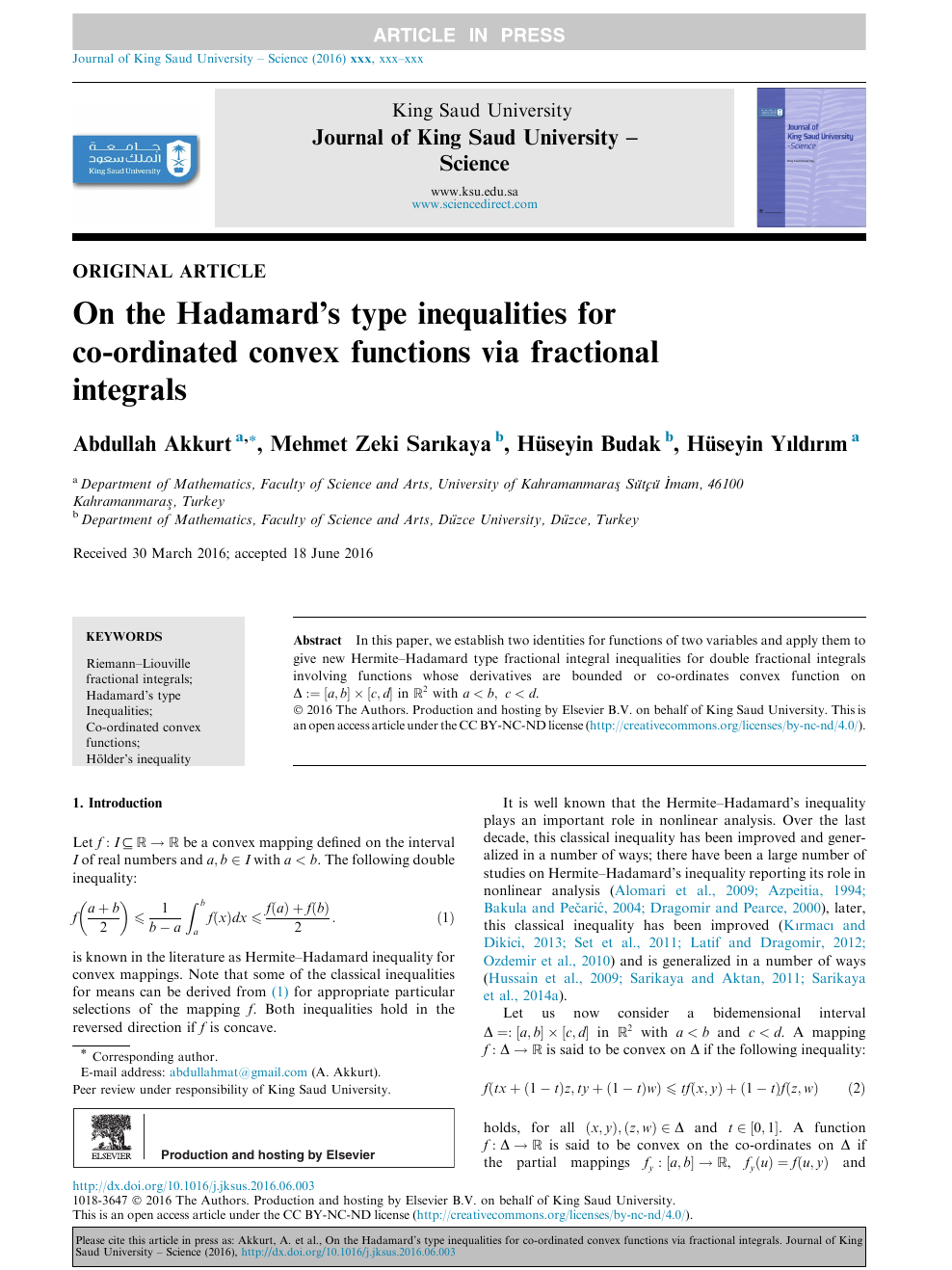 On The Hadamard S Type Inequalities For Co Ordinated Convex Functions Via Fractional Integrals Topic Of Research Paper In Physical Sciences Download Scholarly Article Pdf And Read For Free On Cyberleninka Open Science