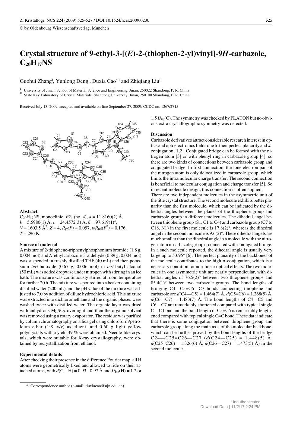 Crystal Structure Of 9 Ethyl 3 E 2 Thiophen 2 Yl Vinyl 9h Carbazole Ch17ns Topic Of Research Paper In Materials Engineering Download Scholarly Article Pdf And Read For Free On Cyberleninka Open Science Hub