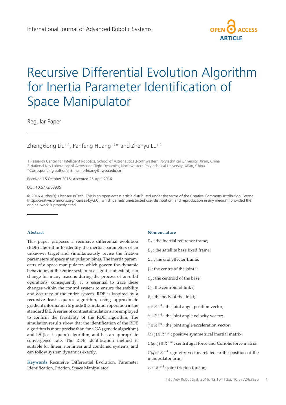 Recursive Differential Evolution Algorithm For Inertia Parameter Identification Of Space Manipulator Topic Of Research Paper In Mechanical Engineering Download Scholarly Article Pdf And Read For Free On Cyberleninka Open Science Hub