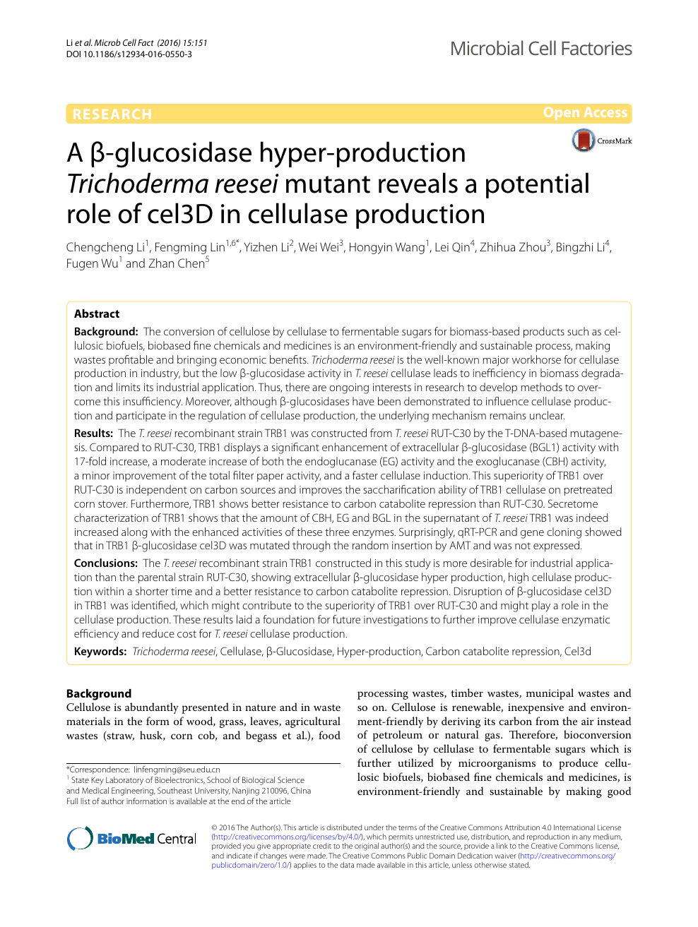 A β-glucosidase hyper-production reesei mutant reveals a potential role in cellulase production – topic of research paper in Biological sciences. Download scholarly article PDF and read for free