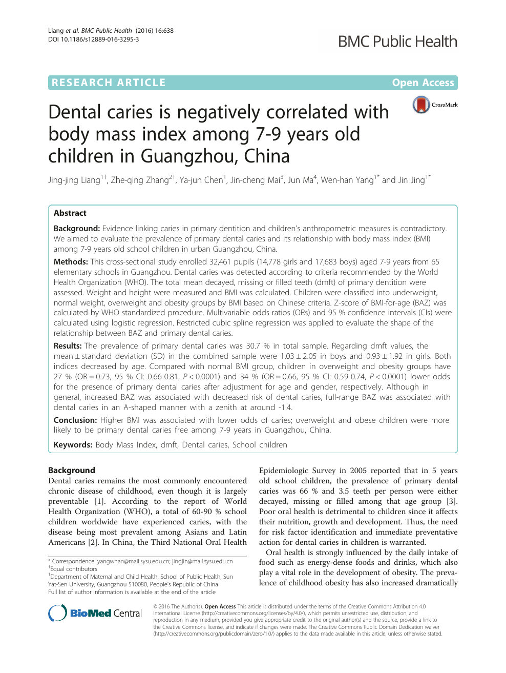 Dental Caries Is Negatively Correlated With Body Mass Index Among 7 9 Years Old Children In Guangzhou China Topic Of Research Paper In Health Sciences Download Scholarly Article Pdf And Read For