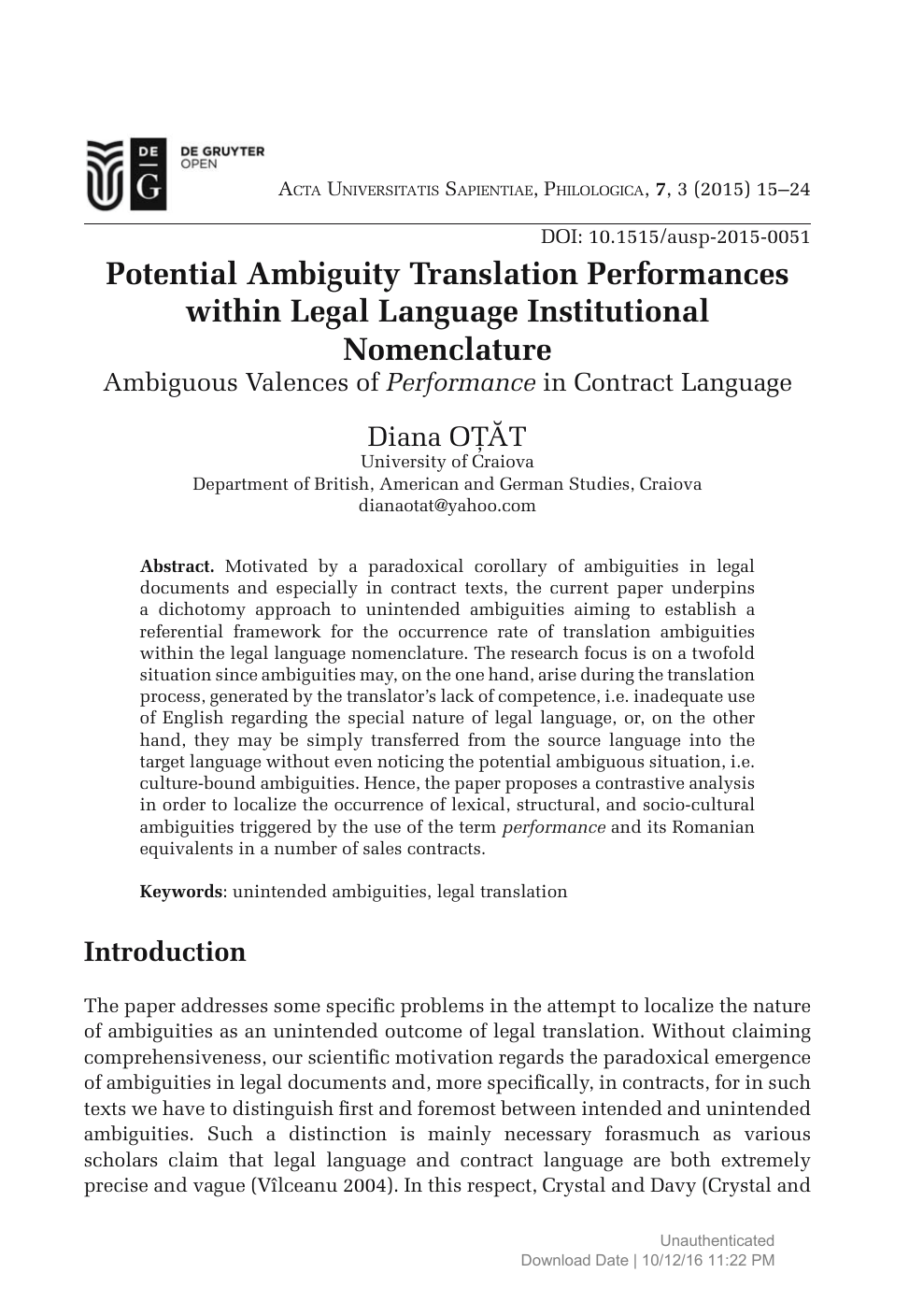 Potential Ambiguity Translation Performances Within Legal Language