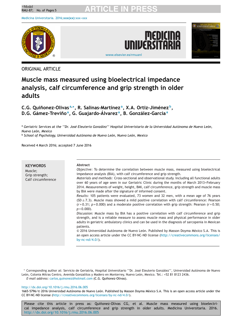 Muscle Mass Measured Using Bioelectrical Impedance Analysis Calf Circumference And Grip Strength In Older Adults Topic Of Research Paper In Clinical Medicine Download Scholarly Article Pdf And Read For Free On