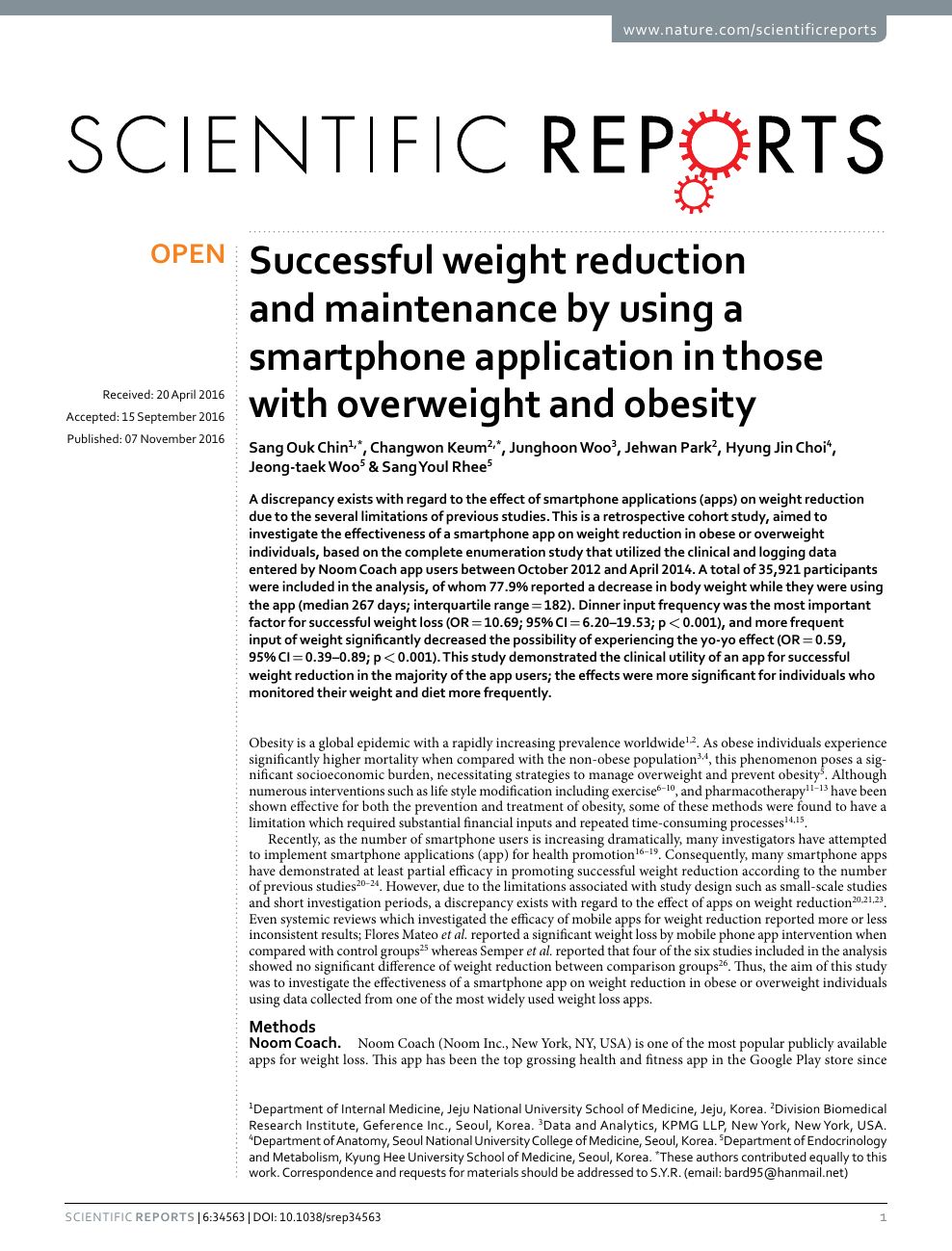 Successful Weight Reduction And Maintenance By Using A Smartphone Application In Those With Overweight And Obesity Topic Of Research Paper In Health Sciences Download Scholarly Article Pdf And Read For Free