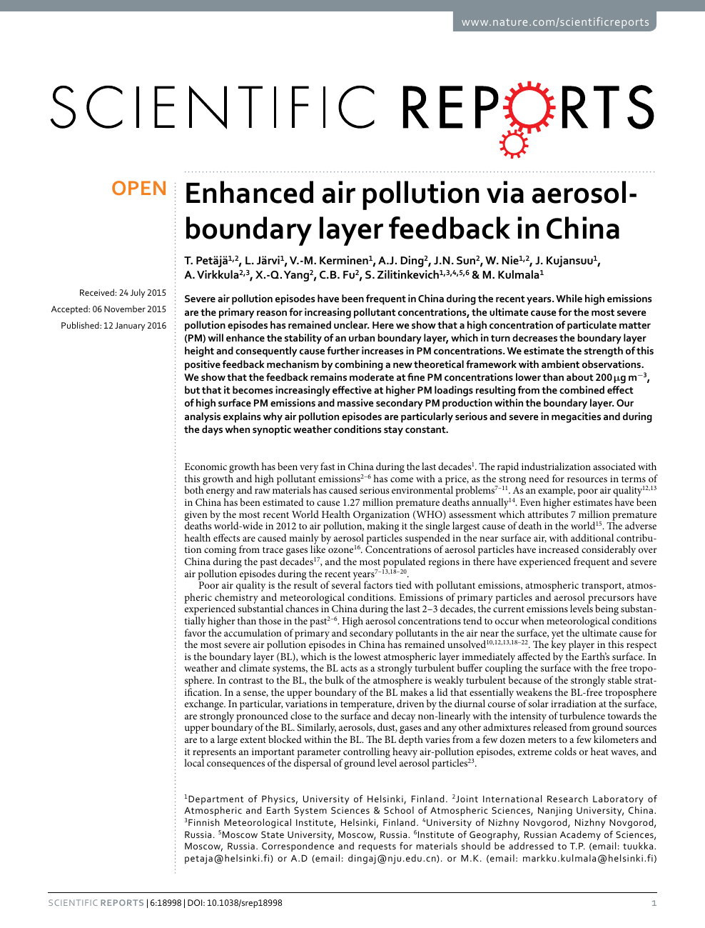 Enhanced Air Pollution Via Aerosol Boundary Layer Feedback In China Topic Of Research Paper In Earth And Related Environmental Sciences Download Scholarly Article Pdf And Read For Free On Cyberleninka Open Science