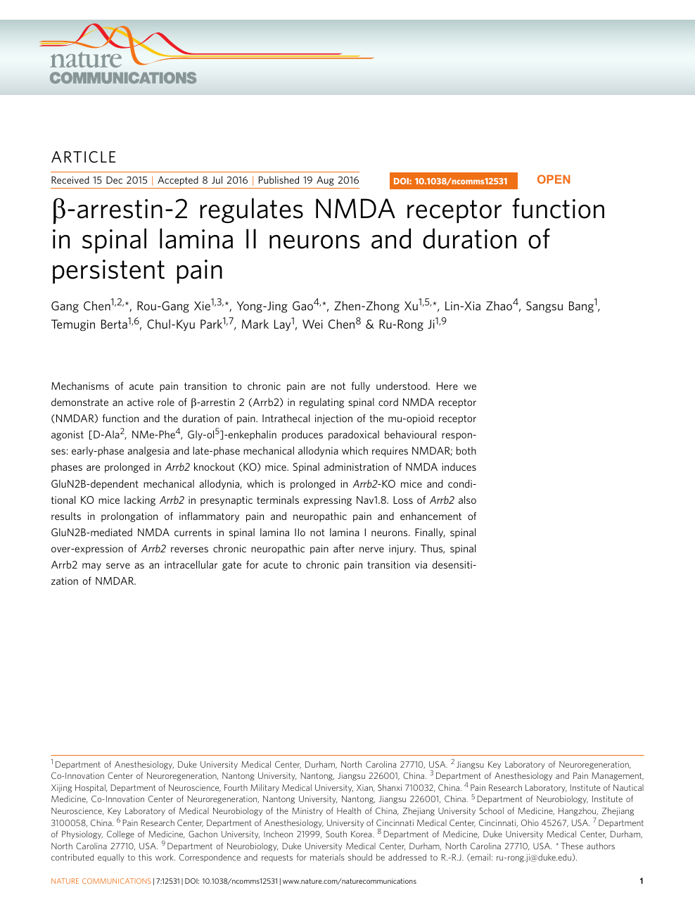 B Arrestin 2 Regulates Nmda Receptor Function In Spinal Lamina Ii Neurons And Duration Of Persistent Pain Topic Of Research Paper In Biological Sciences Download Scholarly Article Pdf And Read For Free On