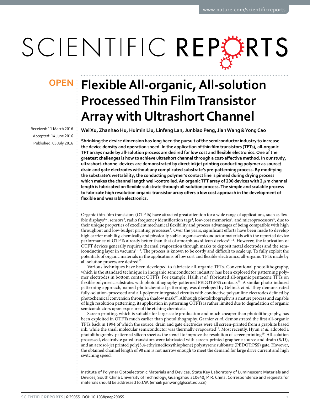 Flexible All Organic All Solution Processed Thin Film Transistor Array With Ultrashort Channel Topic Of Research Paper In Nano Technology Download Scholarly Article Pdf And Read For Free On Cyberleninka Open Science Hub