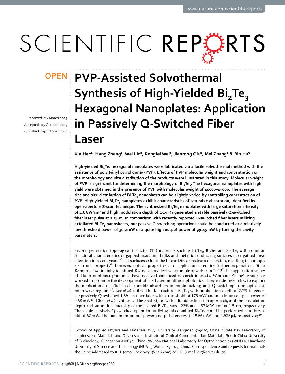 Pvp Assisted Solvothermal Synthesis Of High Yielded Bi2te3 Hexagonal Nanoplates Application In Passively Q Switched Fiber Laser Topic Of Research Paper In Nano Technology Download Scholarly Article Pdf And Read For Free On Cyberleninka Open