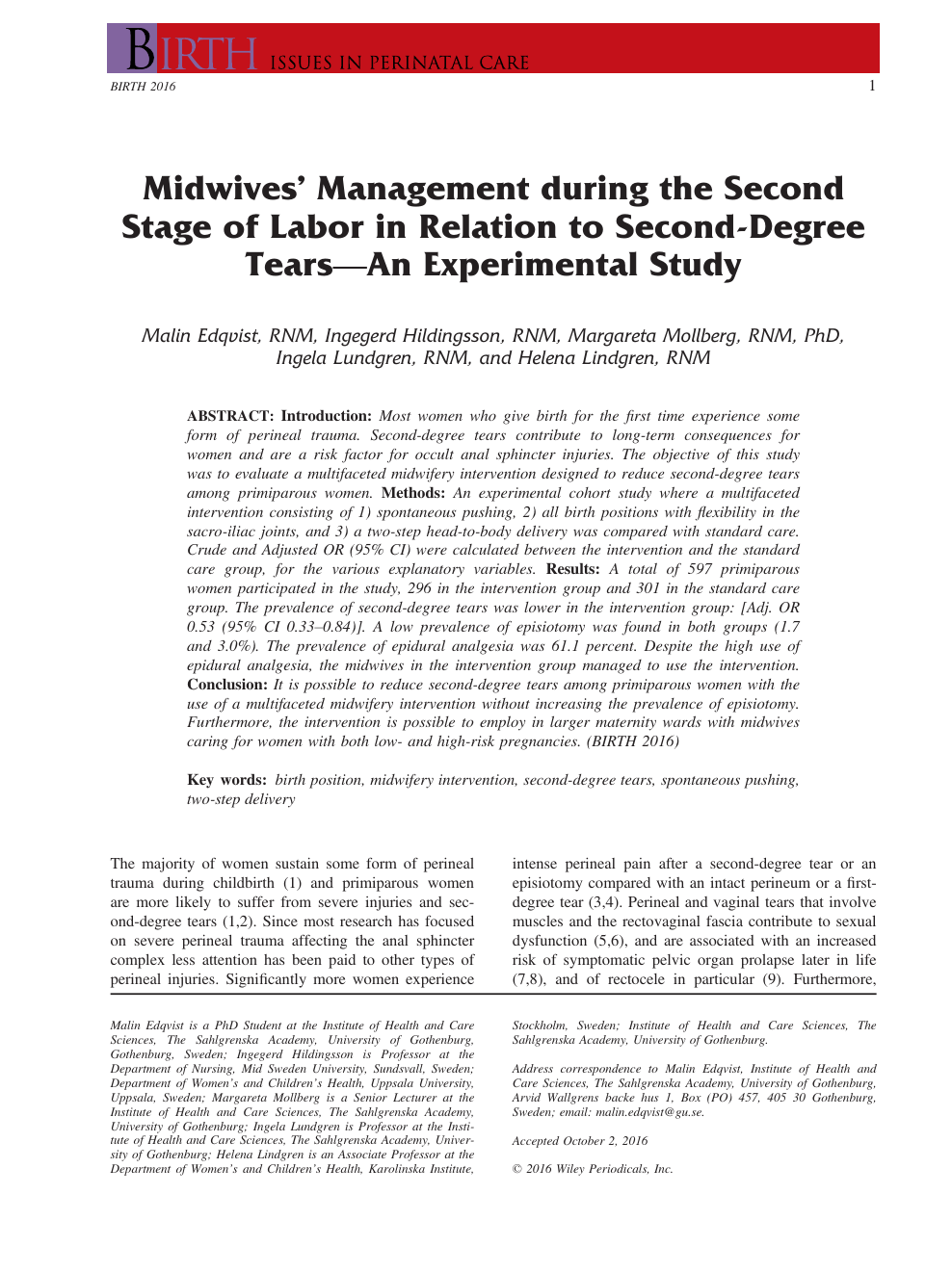 Midwives Management during the Second Stage of Labor in Relation to Second-Degree Tears-An Experimental Study image