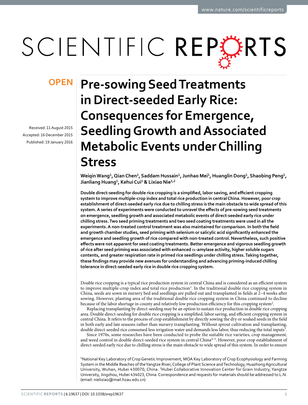 Pre Sowing Seed Treatments In Direct Seeded Early Rice Consequences For Emergence Seedling Growth And Associated Metabolic Events Under Chilling Stress Topic Of Research Paper In Biological Sciences Download Scholarly Article Pdf And