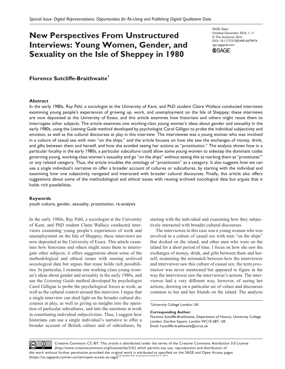 New Perspectives From Unstructured Interviews Young Women, Gender, and Sexuality on the Isle of Sheppey in 1980 image