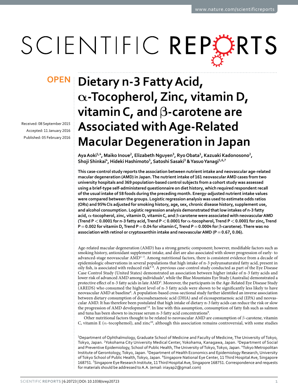 Dietary N 3 Fatty Acid A Tocopherol Zinc Vitamin D Vitamin C And B Carotene Are Associated With Age Related Macular Degeneration In Japan Topic Of Research Paper In Clinical Medicine Download Scholarly Article Pdf