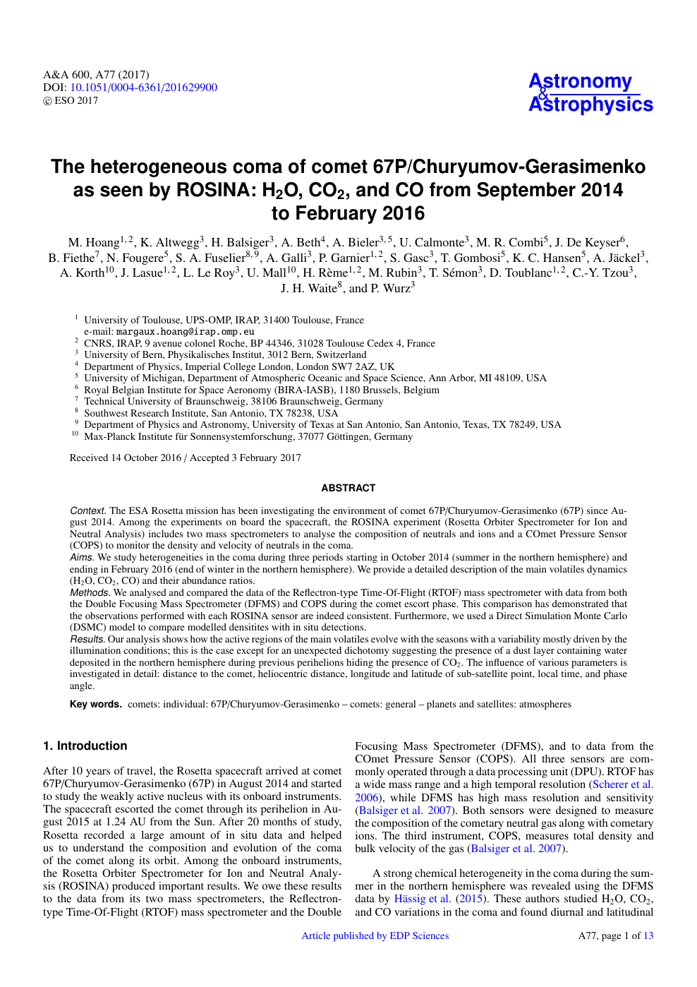 The Heterogeneous Coma Of Comet 67p Churyumov Gerasimenko As Seen By Rosina H2o Co2 And Co From September 14 To February 16 Topic Of Research Paper In Earth And Related Environmental Sciences Download