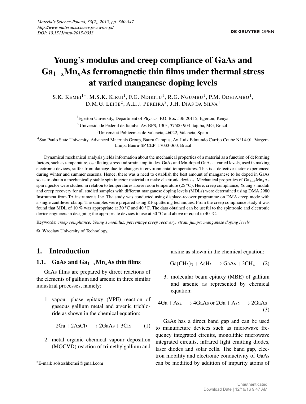 Young S Modulus And Creep Compliance Of Gaas And Ga1 Xmnxas Ferromagnetic Thin Films Under Thermal Stress At Varied Manganese Doping Levels Topic Of Research Paper In Materials Engineering Download Scholarly Article Pdf