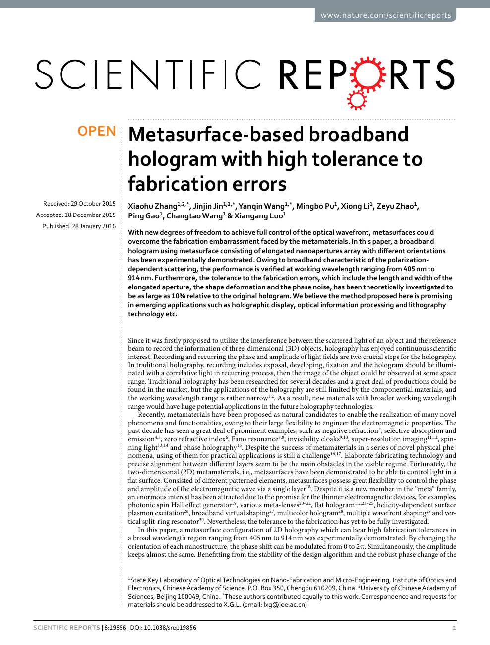 Metasurface Based Broadband Hologram With High Tolerance To Fabrication Errors Topic Of Research Paper In Nano Technology Download Scholarly Article Pdf And Read For Free On Cyberleninka Open Science Hub