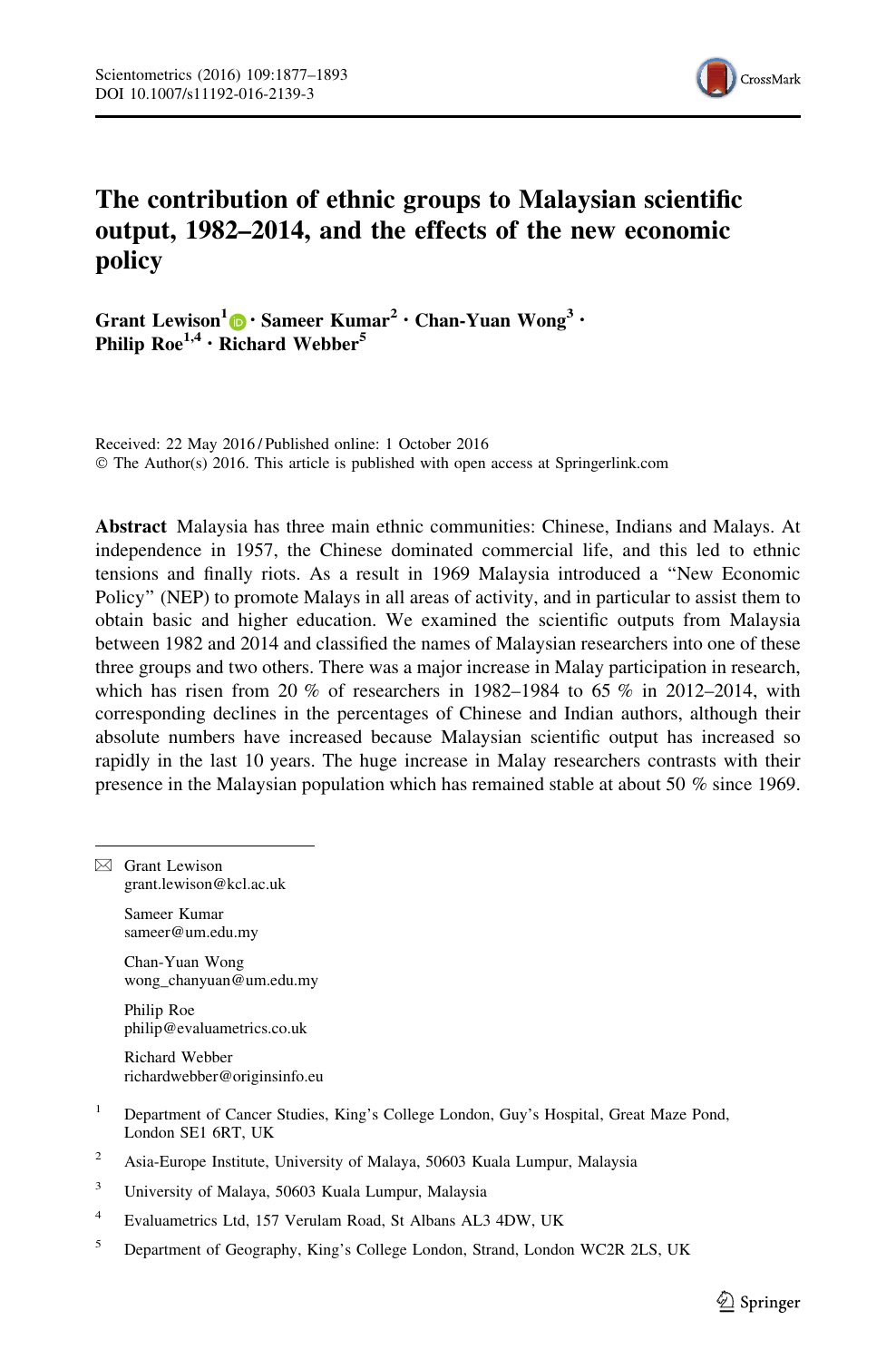 The Contribution Of Ethnic Groups To Malaysian Scientific Output 1982 2014 And The Effects Of The New Economic Policy Topic Of Research Paper In Economics And Business Download Scholarly Article Pdf And