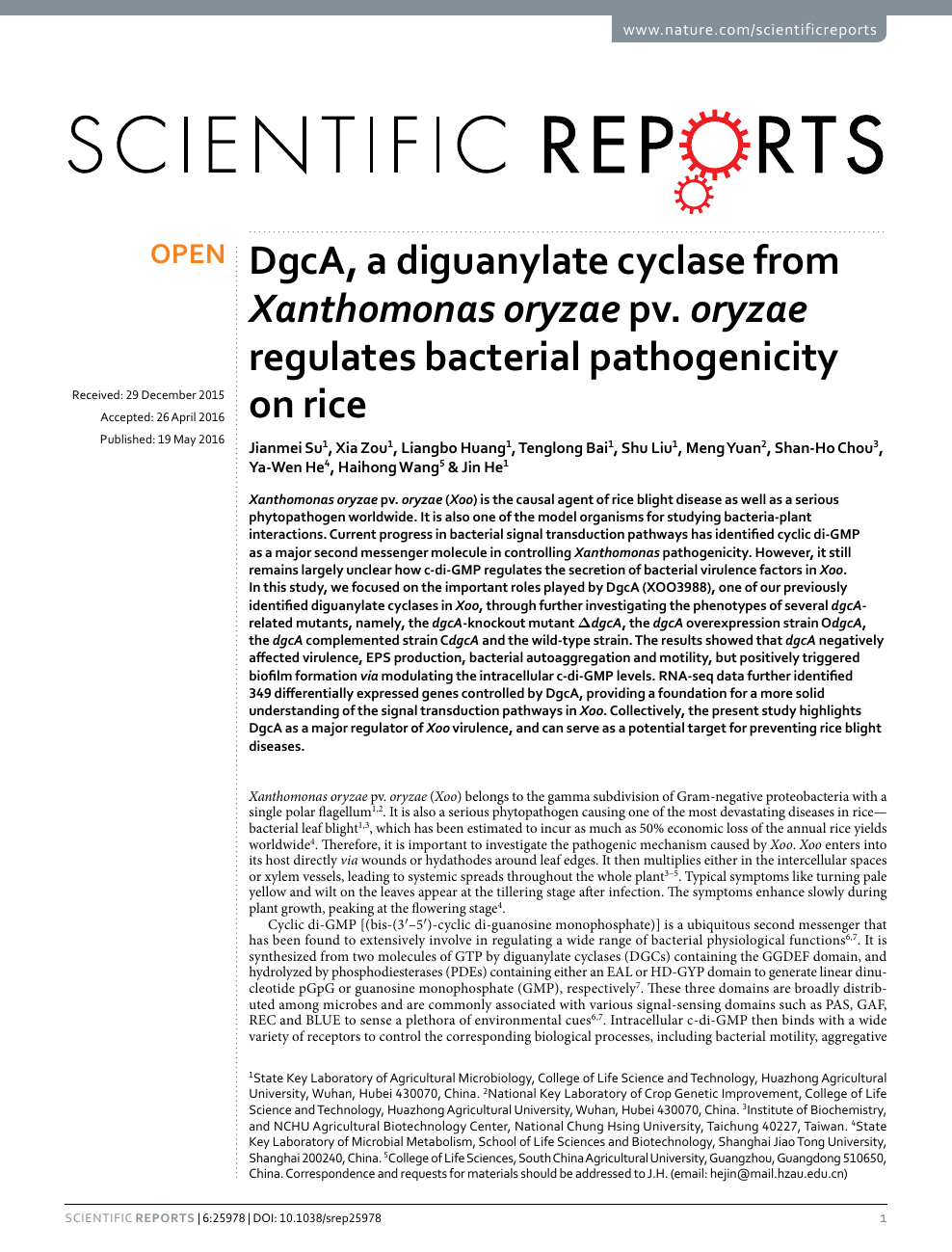 DgcA, a diguanylate cyclase from Xanthomonas oryzae pv. oryzae