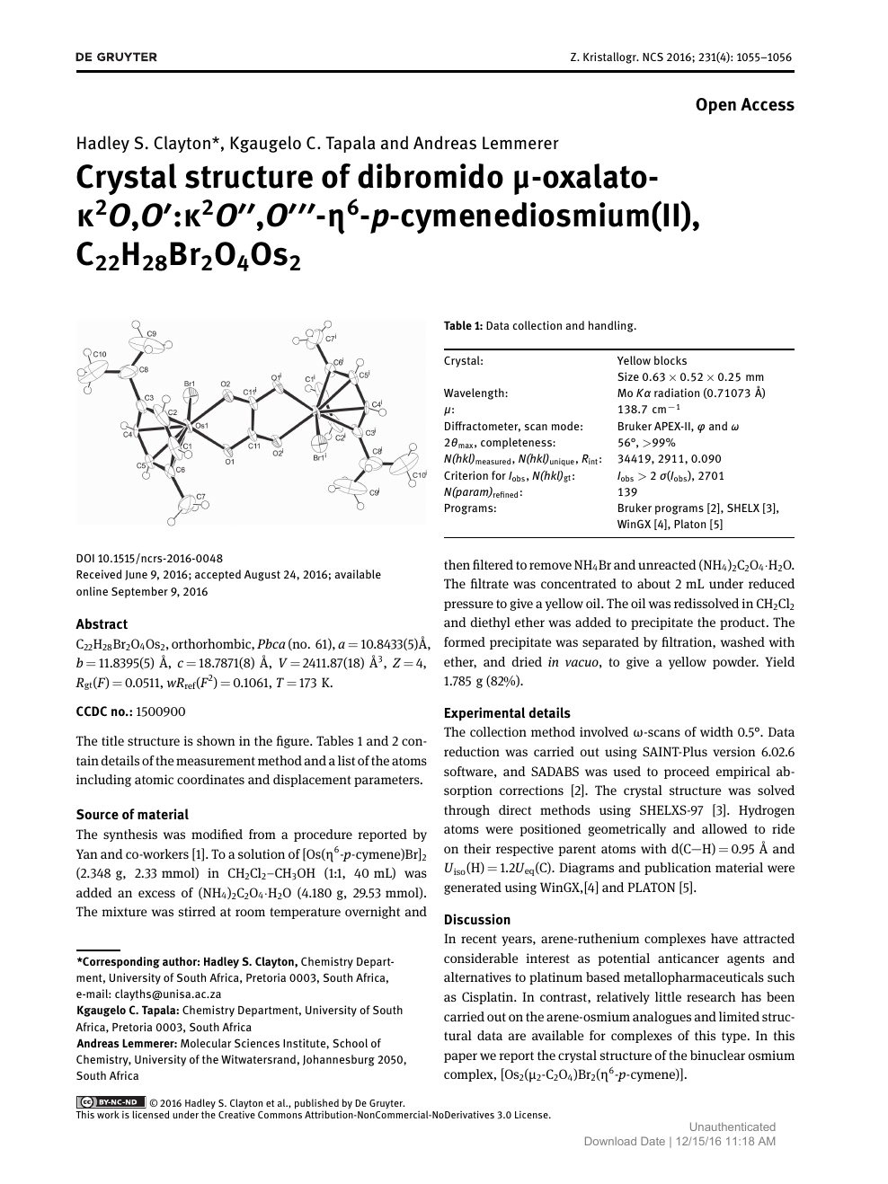 Crystal Structure Of Dibromido M Oxalato K2o O K2o O H6 P Cymenediosmium Ii C22h28br2o4os2 Topic Of Research Paper In Biological Sciences Download Scholarly Article Pdf And Read For Free On Cyberleninka Open Science Hub