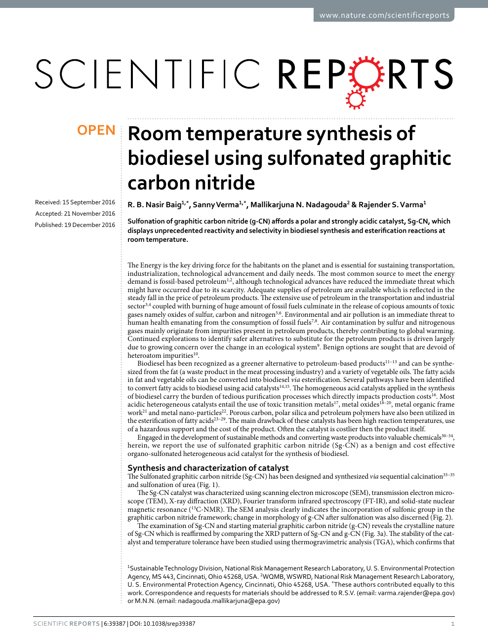 Room Temperature Synthesis Of Biodiesel Using Sulfonated Graphitic Carbon Nitride Topic Of Research Paper In Chemical Sciences Download Scholarly Article Pdf And Read For Free On Cyberleninka Open Science Hub