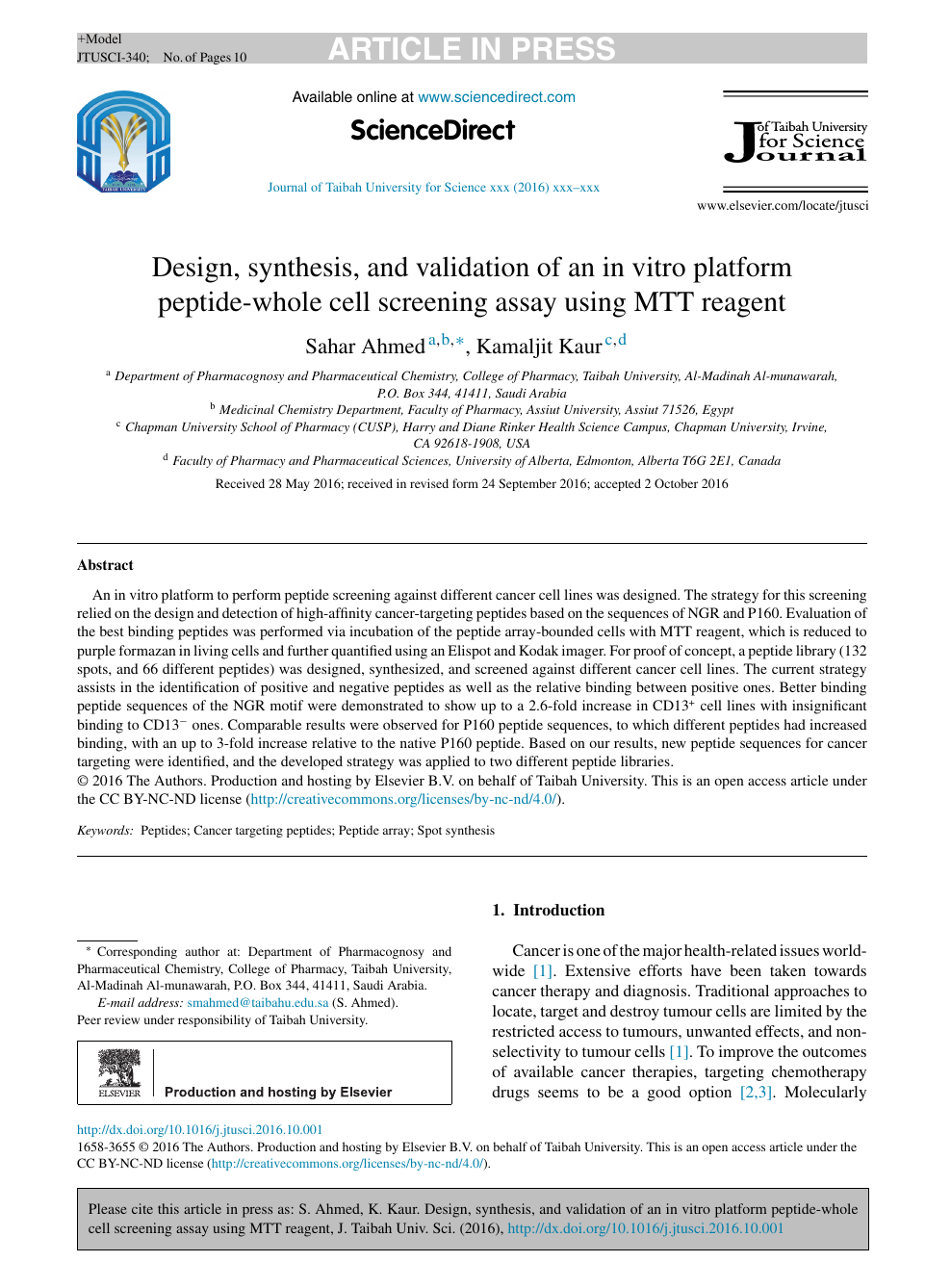 Design Synthesis And Validation Of An In Vitro Platform Peptide Whole Cell Screening Assay Using Mtt Reagent Topic Of Research Paper In Chemical Sciences Download Scholarly Article Pdf And Read For Free