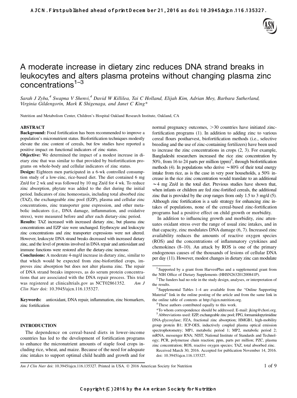 A Moderate Increase In Dietary Zinc Reduces Dna Strand Breaks In Leukocytes And Alters Plasma Proteins Without Changing Plasma Zinc Concentrations Topic Of Research Paper In Veterinary Science Download Scholarly Article