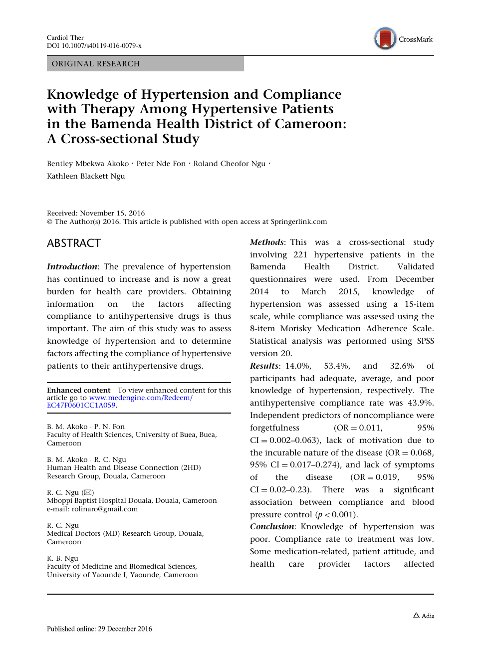 Knowledge Of Hypertension And Compliance With Therapy Among Hypertensive Patients In The Bamenda Health District Of Cameroon A Cross Sectional Study Topic Of Research Paper In Clinical Medicine Download Scholarly Article Pdf