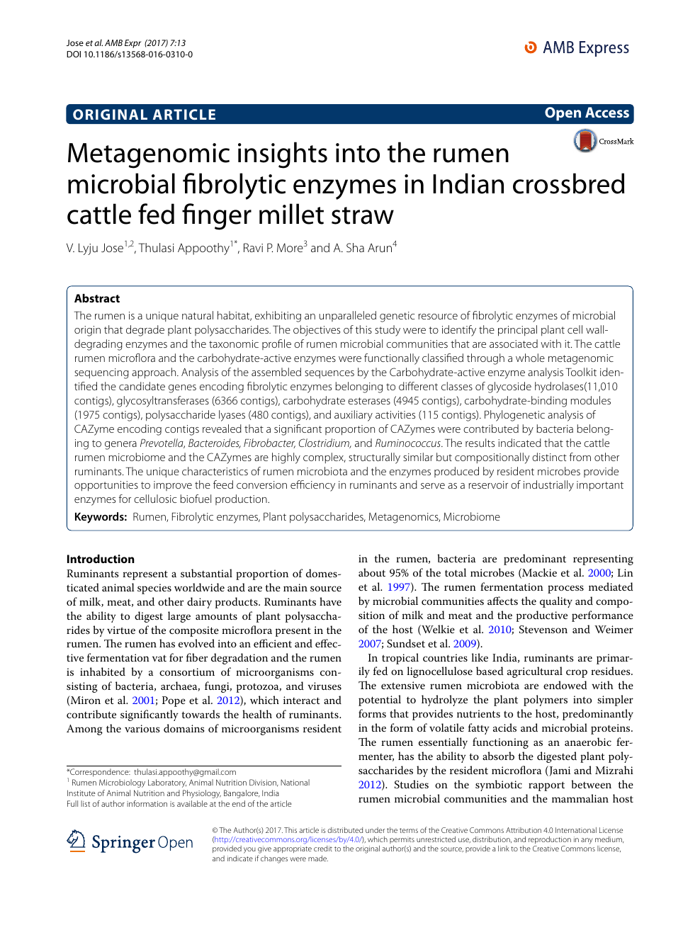 Metagenomic insights into the rumen microbial fibrolytic enzymes in Indian  crossbred cattle fed finger millet straw – topic of research paper in  Biological sciences. Download scholarly article PDF and read for free