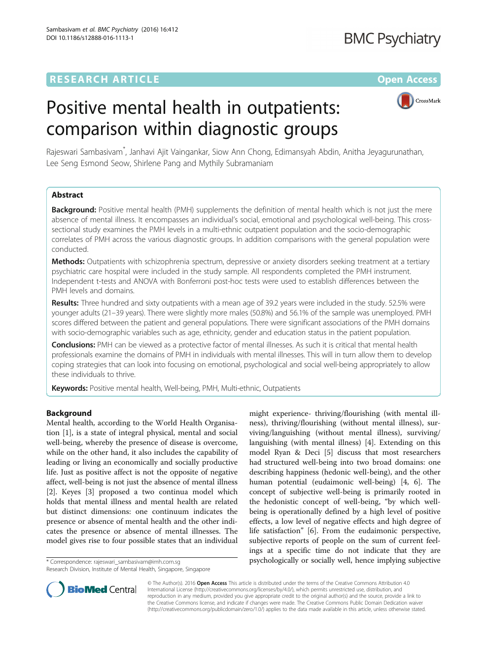 Development and Validation of a Mental Wellbeing Scale in Singapore