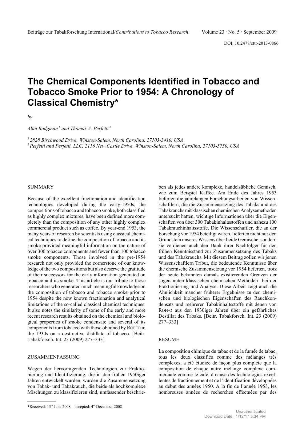 The Chemical Components Identified in Tobacco and Tobacco Smoke Prior to  1954: A Chronology of Classical Chemistry – topic of research paper in  Biological sciences. Download scholarly article PDF and read for