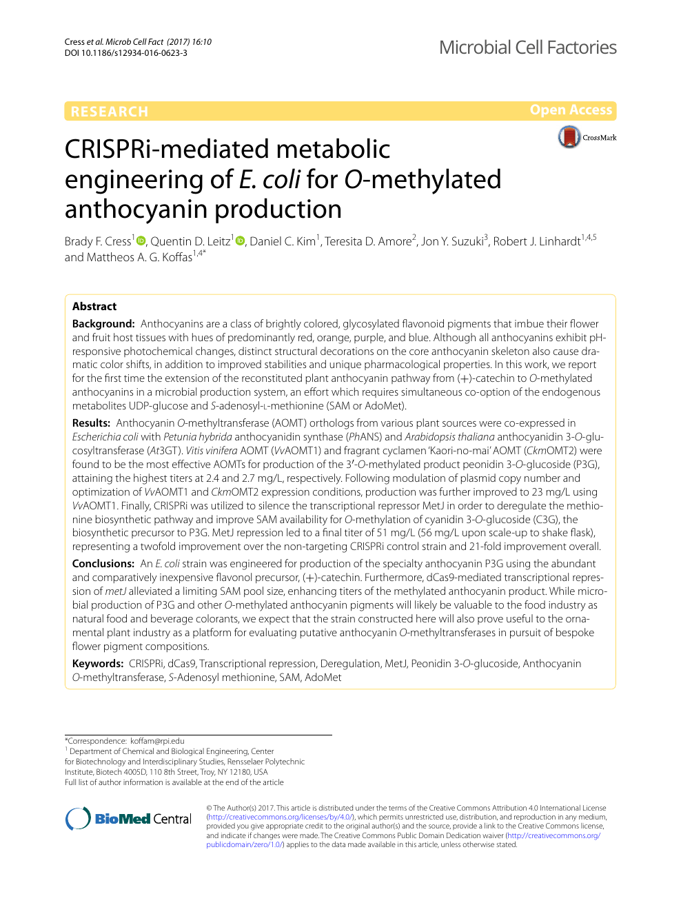 Crispri Mediated Metabolic Engineering Of E Coli For O Methylated Anthocyanin Production Topic Of Research Paper In Biological Sciences Download Scholarly Article Pdf And Read For Free On Cyberleninka Open Science Hub