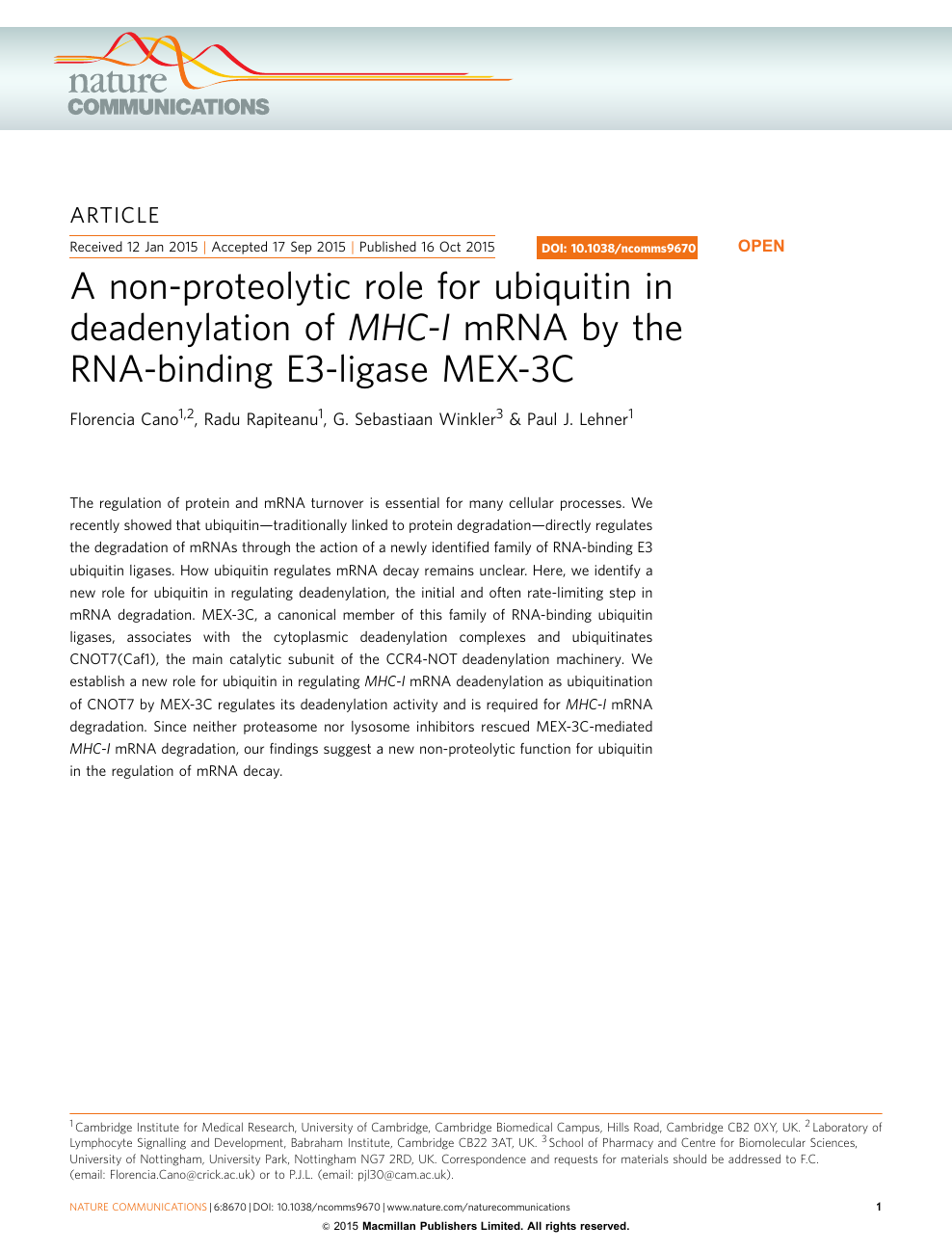 A Non Proteolytic Role For Ubiquitin In Deadenylation Of Mhc I Mrna By The Rna Binding Ligase Mex 3c Topic Of Research Paper In Biological Sciences Download Scholarly Article Pdf And Read For Free On