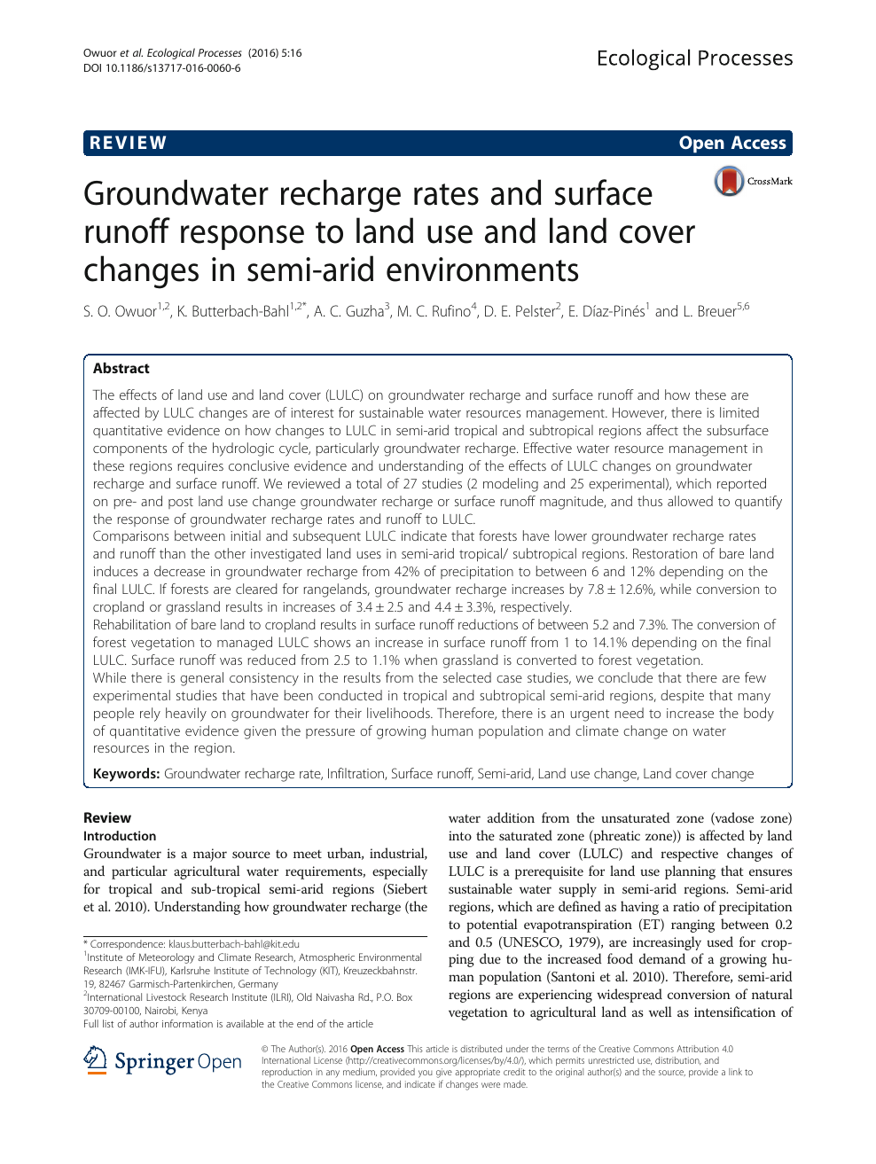 Groundwater Recharge Rates And Surface Runoff Response To Land Use And Land Cover Changes In Semi Arid Environments Topic Of Research Paper In Earth And Related Environmental Sciences Download Scholarly Article Pdf
