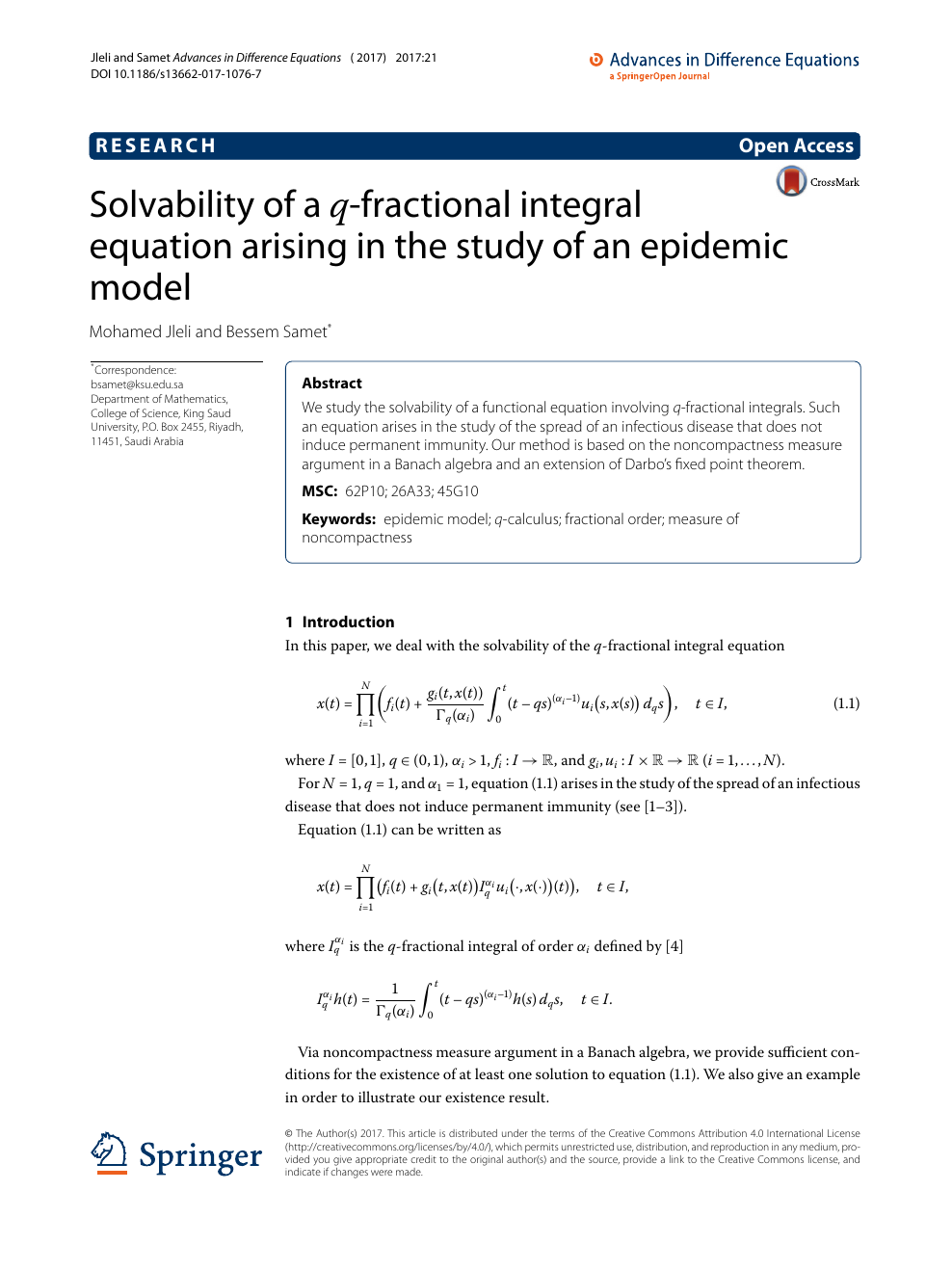 Solvability Of A Q Fractional Integral Equation Arising In The Study Of An Epidemic Model Topic Of Research Paper In Mathematics Download Scholarly Article Pdf And Read For Free On Cyberleninka Open