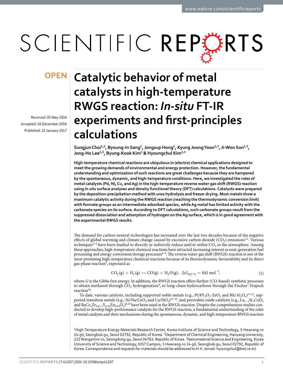 Catalytic behavior of metal catalysts in high-temperature RWGS reaction: In-situ FT-IR experiments and first-principles – topic of research paper in Chemical sciences. Download scholarly article and read for free on