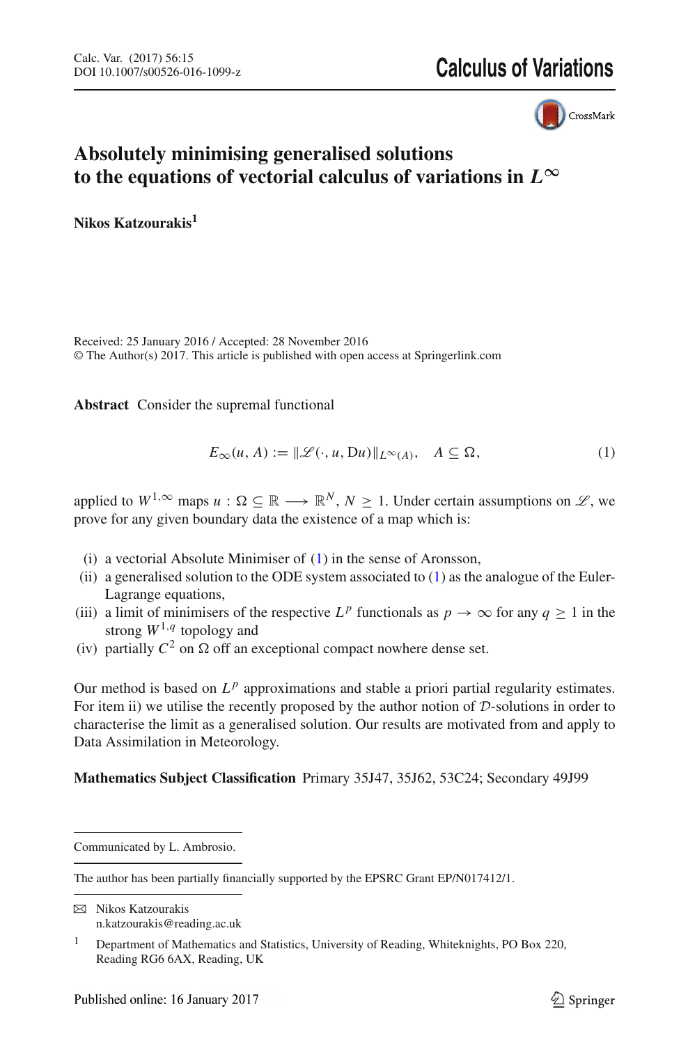 Absolutely Minimising Generalised Solutions To The Equations Of Vectorial Calculus Of Variations In L Infty L Topic Of Research Paper In Mathematics Download Scholarly Article Pdf And Read For Free