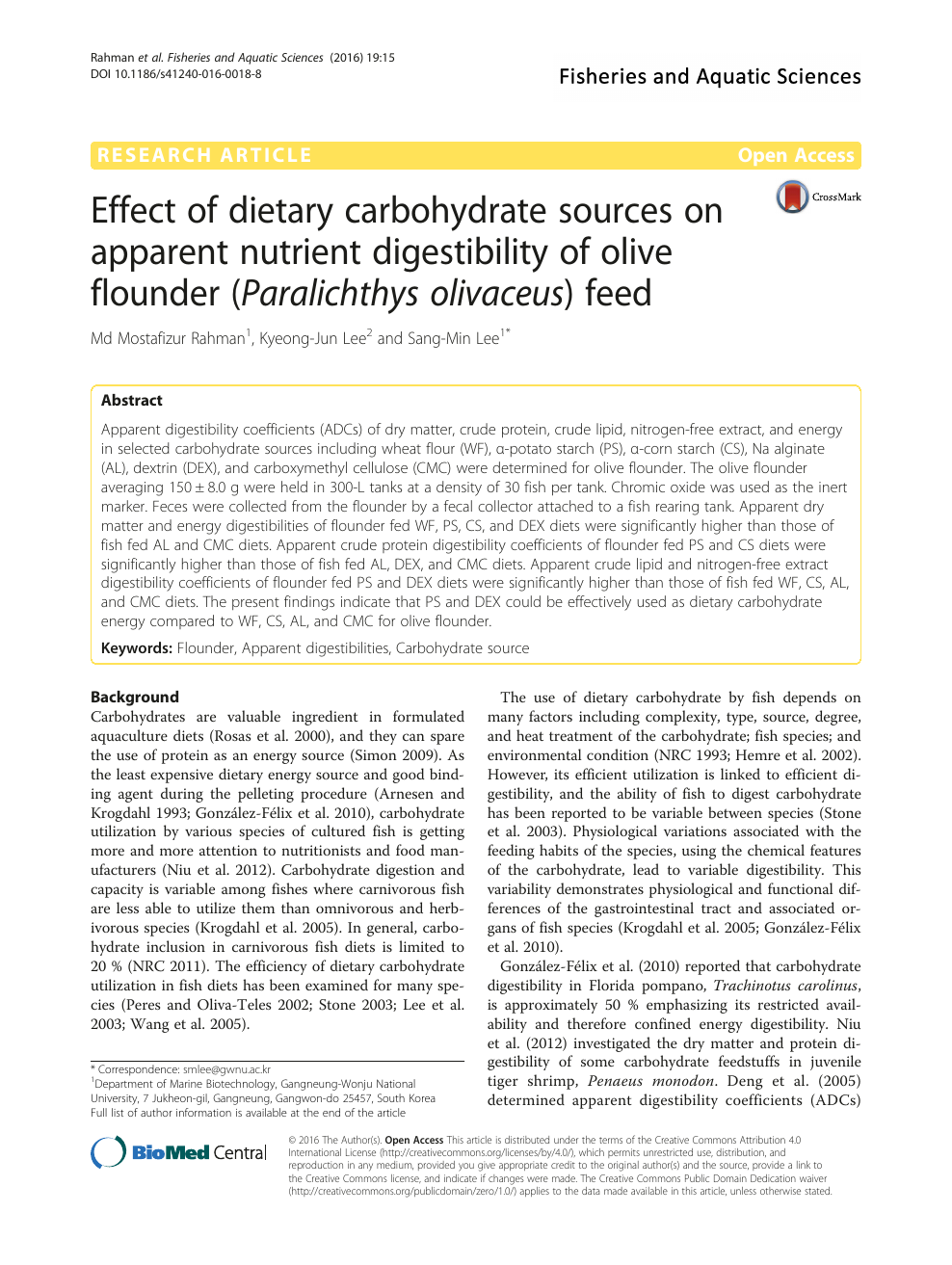 Effect of dietary carbohydrate sources on apparent nutrient digestibility  of olive flounder (Paralichthys olivaceus) feed – topic of research paper  in Animal and dairy science. Download scholarly article PDF and read for