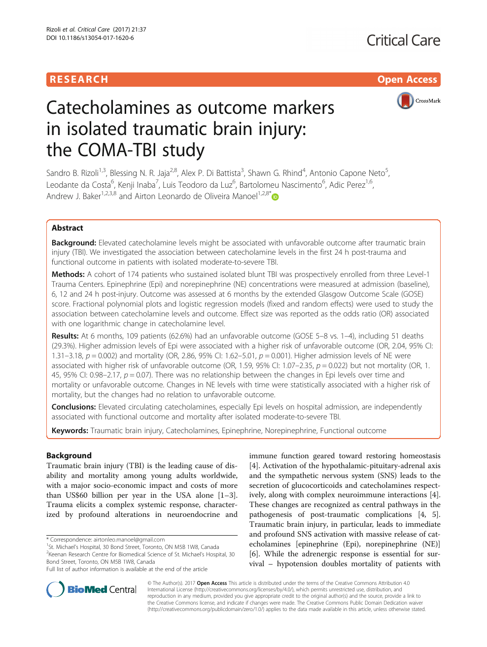 Catecholamines As Outcome Markers In Isolated Traumatic Brain Injury The Coma Tbi Study Topic Of Research Paper In Clinical Medicine Download Scholarly Article Pdf And Read For Free On Cyberleninka Open Science