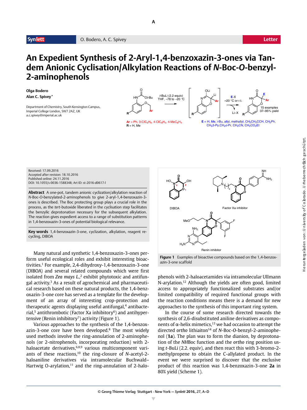 An Expedient Synthesis Of 2 Aryl 1 4 Benzoxazin 3 Ones Via Tandem Anionic Cyclisation Alkylation Reactions Of N Boc O Benzyl 2 Aminophenols Topic Of Research Paper In Chemical Sciences Download Scholarly Article Pdf And Read For Free On Cyberleninka