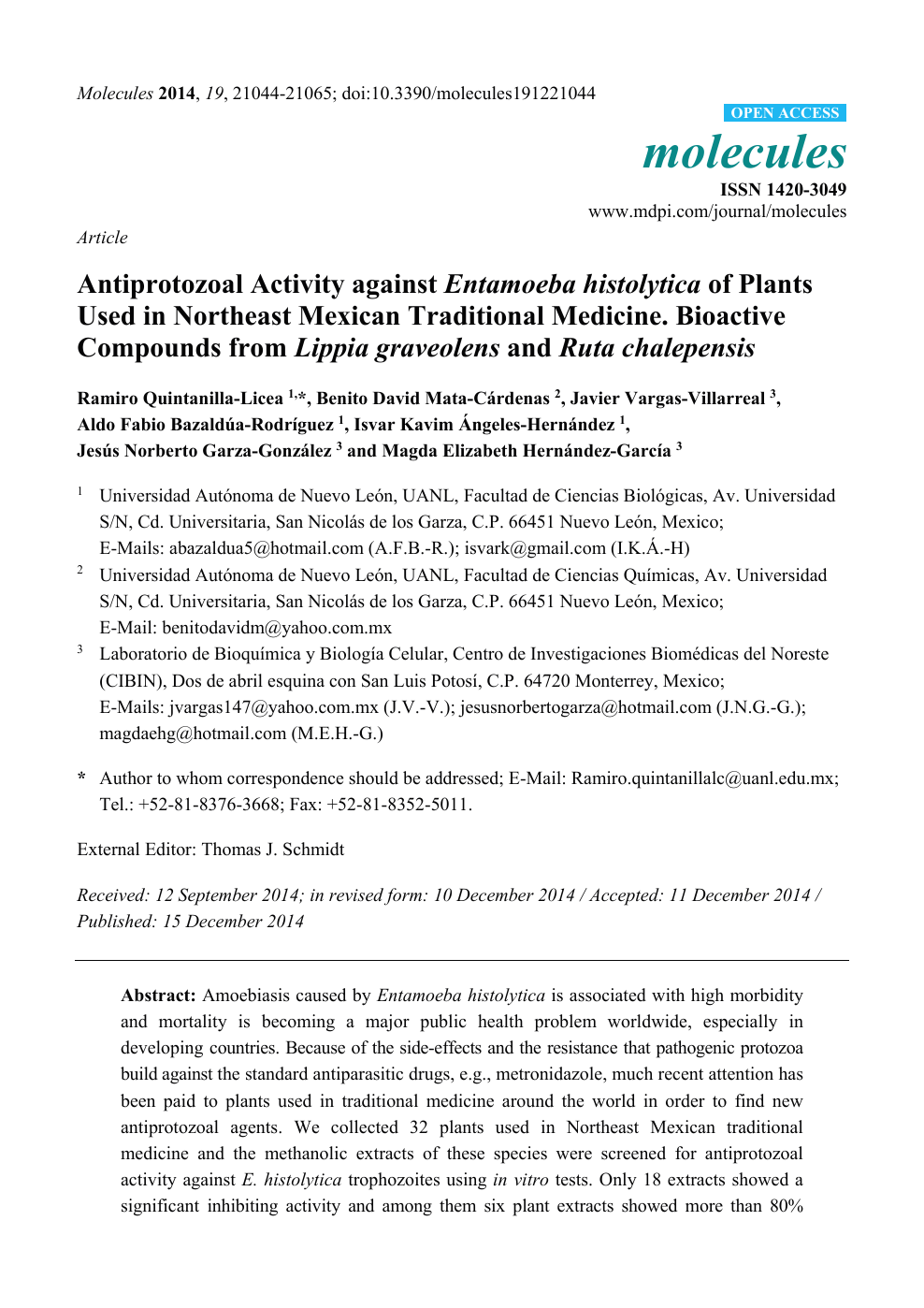 Antiprotozoal Activity against Entamoeba histolytica of Plants