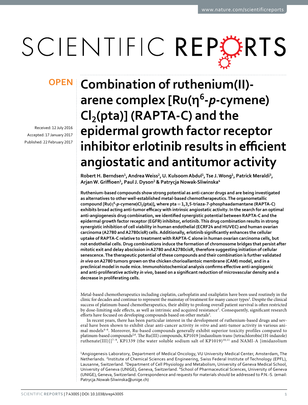 Combination Of Ruthenium Ii Arene Complex Ru H6 P Cymene Cl2 Pta Rapta C And The Epidermal Growth Factor Receptor Inhibitor Erlotinib Results In Efficient Angiostatic And Antitumor Activity Topic Of Research Paper In Clinical Medicine Download