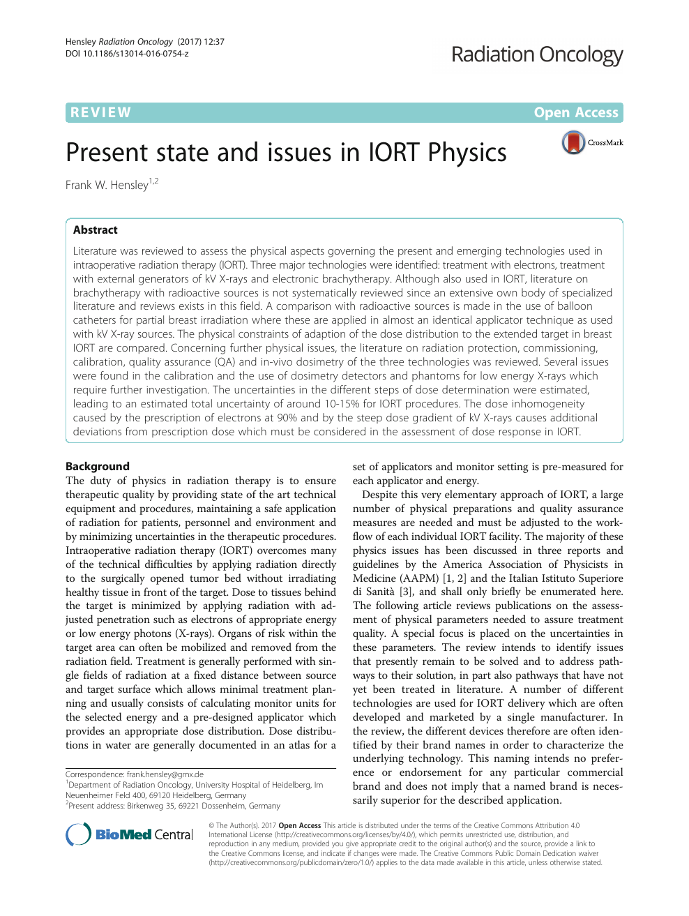 Present state and issues in IORT Physics – topic of research paper in  Nano-technology. Download scholarly article PDF and read for free on  CyberLeninka open science hub.