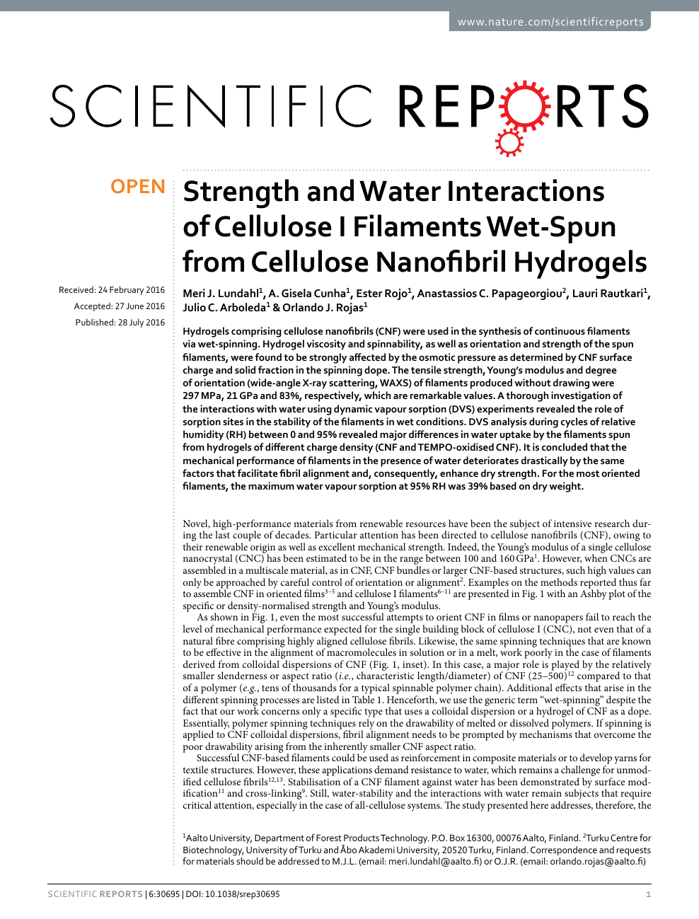 Strength And Water Interactions Of Cellulose I Filaments Wet Spun From Cellulose Nanofibril Hydrogels Topic Of Research Paper In Nano Technology Download Scholarly Article Pdf And Read For Free On Cyberleninka Open Science